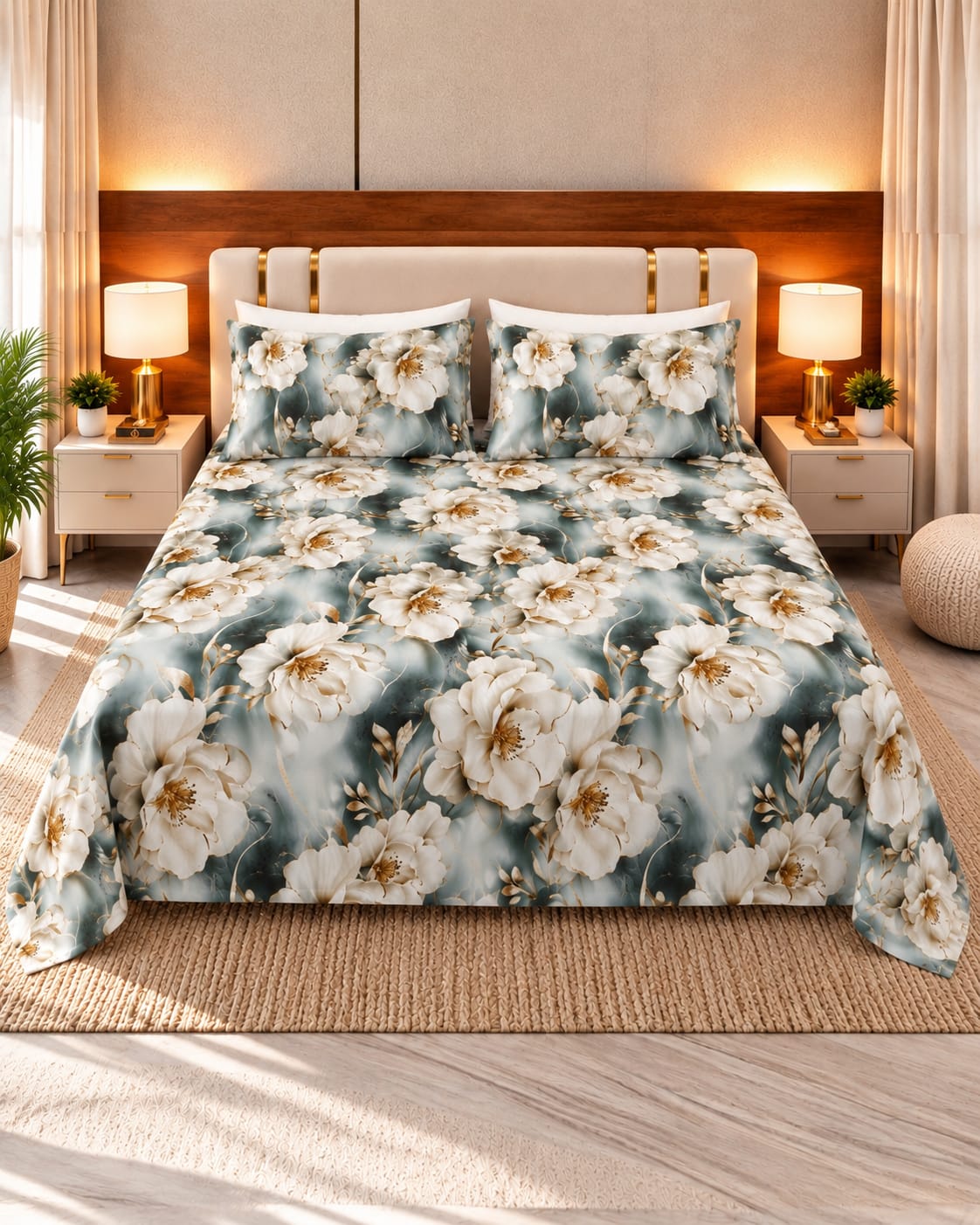 Sage Bloom 3D Bed Sheet | 3 Pieces