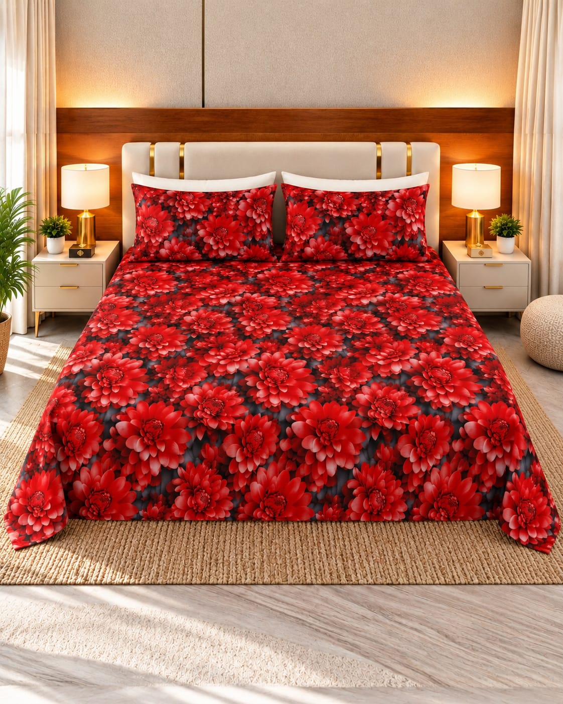 Crimson Bloom 3D Bed Sheet Set – 3 Piece