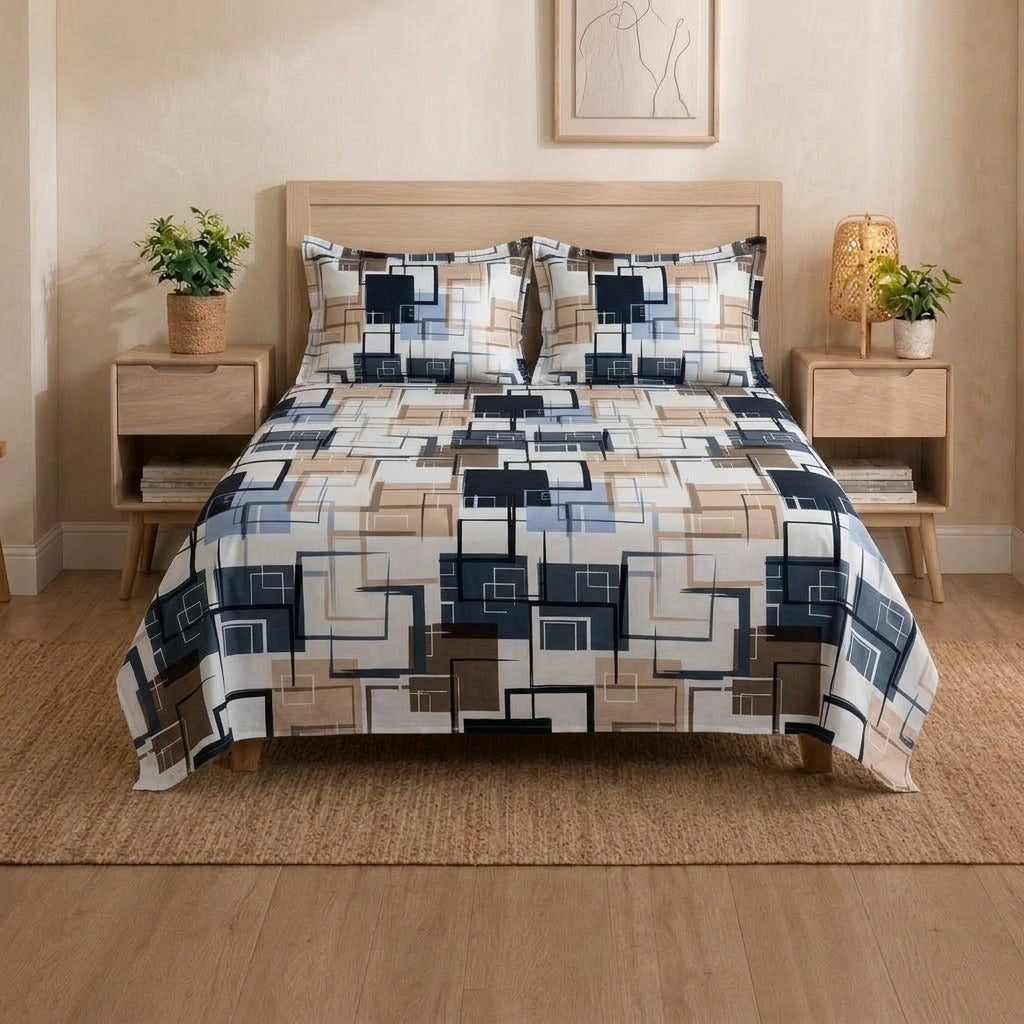 Modern Geometric Printed Bedsheet Set | Contemporary Abstract Pattern Bedding with 2 Pillowcases