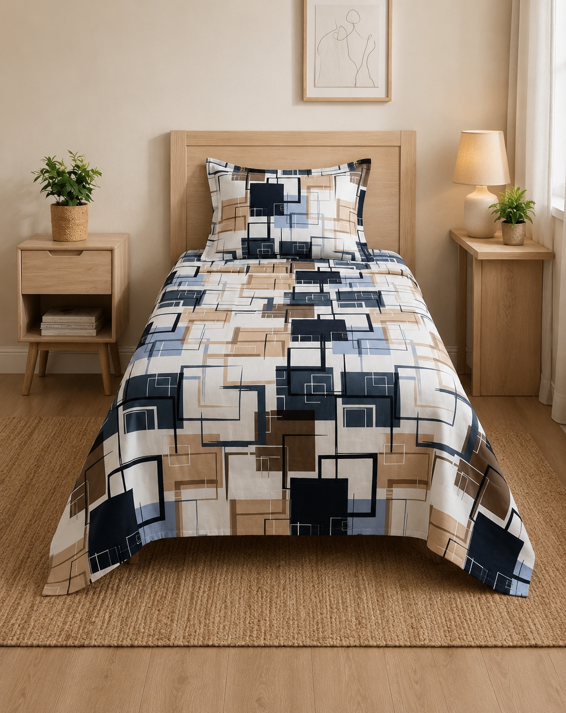 Modern Geometric Printed Bedsheet Set | Contemporary Abstract Pattern Bedding with 2 Pillowcases
