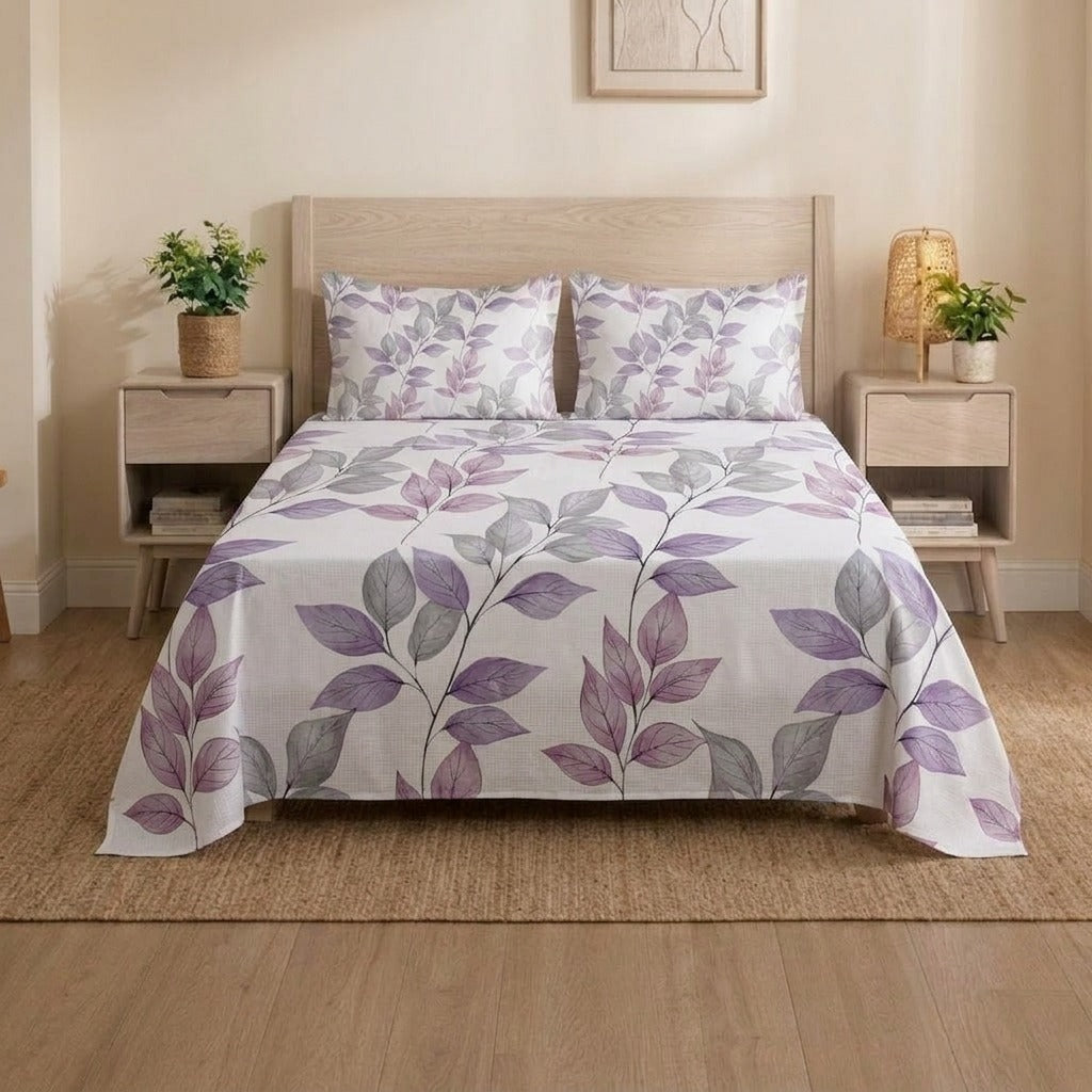 Purple Leaf Pattern Bedsheet Set – Stylish Botanical Print for Single & Double Beds with 2 Pillowcases