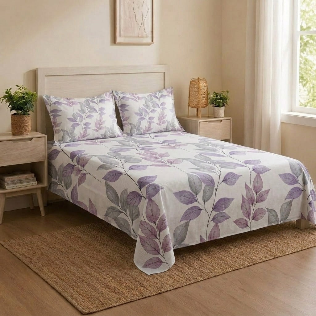 Purple Leaf Pattern Bedsheet Set – Stylish Botanical Print for Single & Double Beds with 2 Pillowcases