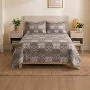 Grey & White Geometric Printed Bedsheet Set | Modern Ethnic Pattern Bedding with Matching Pillowcases