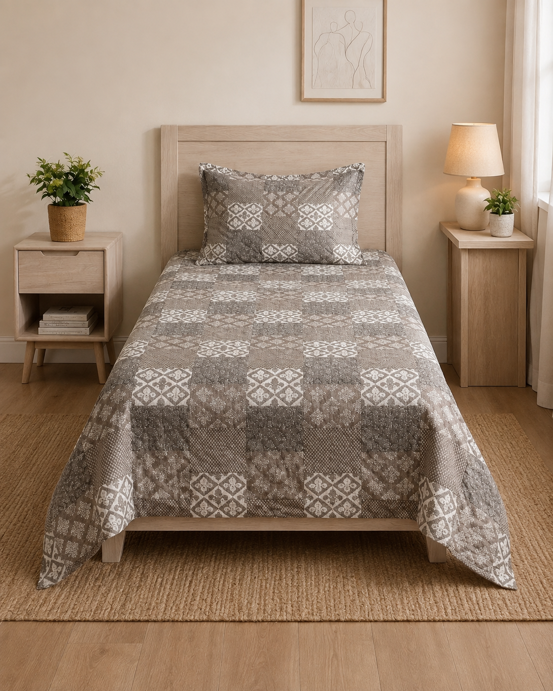 Grey & White Geometric Printed Bedsheet Set | Modern Ethnic Pattern Bedding with Matching Pillowcases