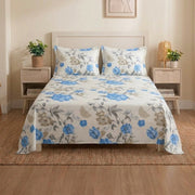 ELOVÉRY Cotton Floral Print Double Bedsheet Set – Blue & Grey Flowers on Ivory