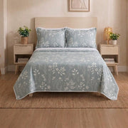 ELOVÉRY Soft Grey Floral Print Cotton Double Bedsheet Set – White Botanical Pattern