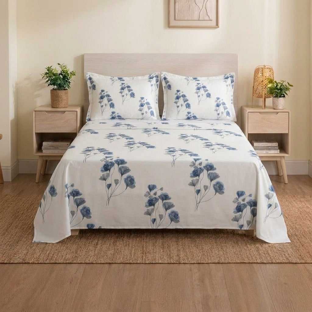 Elegant Blue Floral Printed Cotton Bedsheet Set with pillowcase