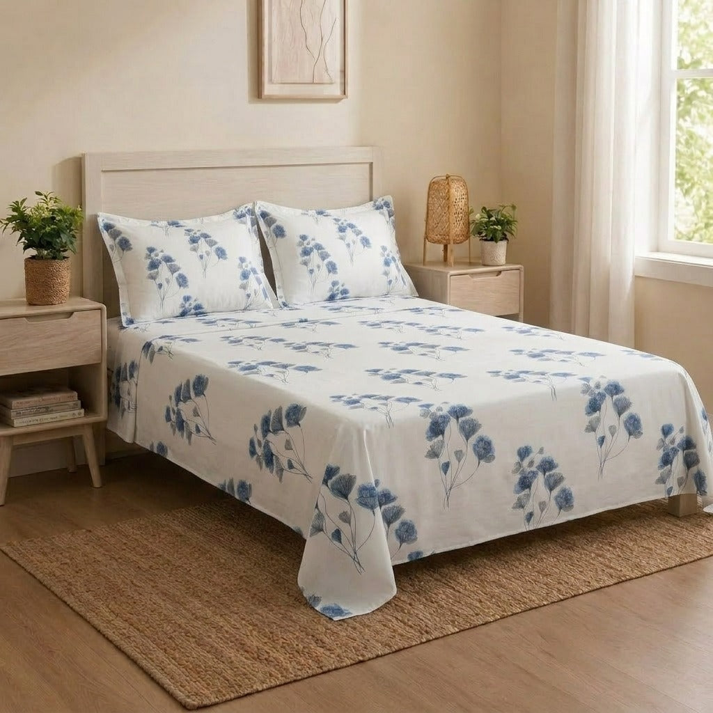 Elegant Blue Floral Printed Cotton Bedsheet Set with pillowcase