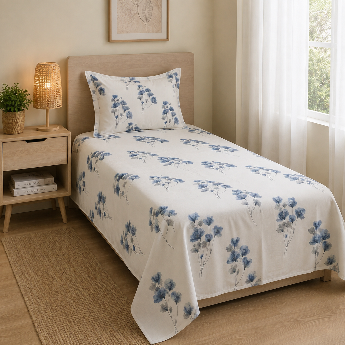 Elegant Blue Floral Printed Cotton Bedsheet Set with pillowcase