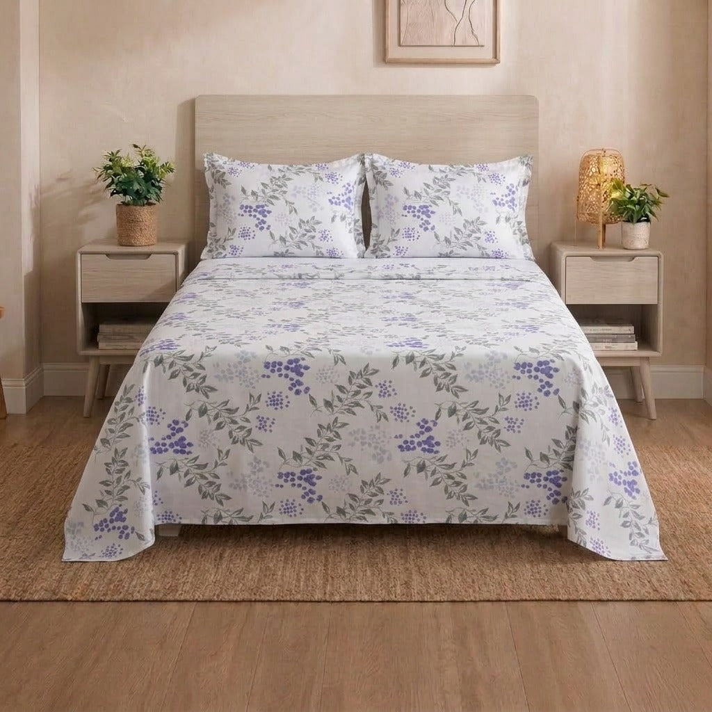 Botanical Lavender Berry Bedsheet Set – Floral Leaf Print for Single & Double Beds with 2 Pillowcases