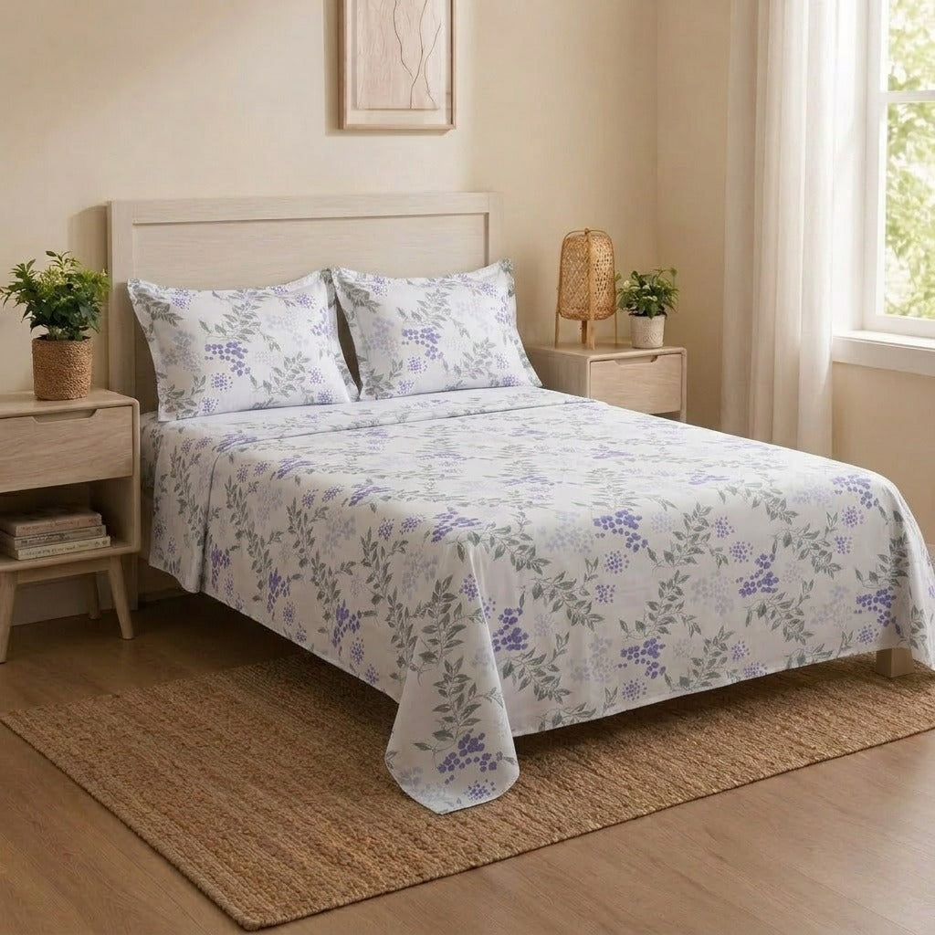 Botanical Lavender Berry Bedsheet Set – Floral Leaf Print for Single & Double Beds with 2 Pillowcases
