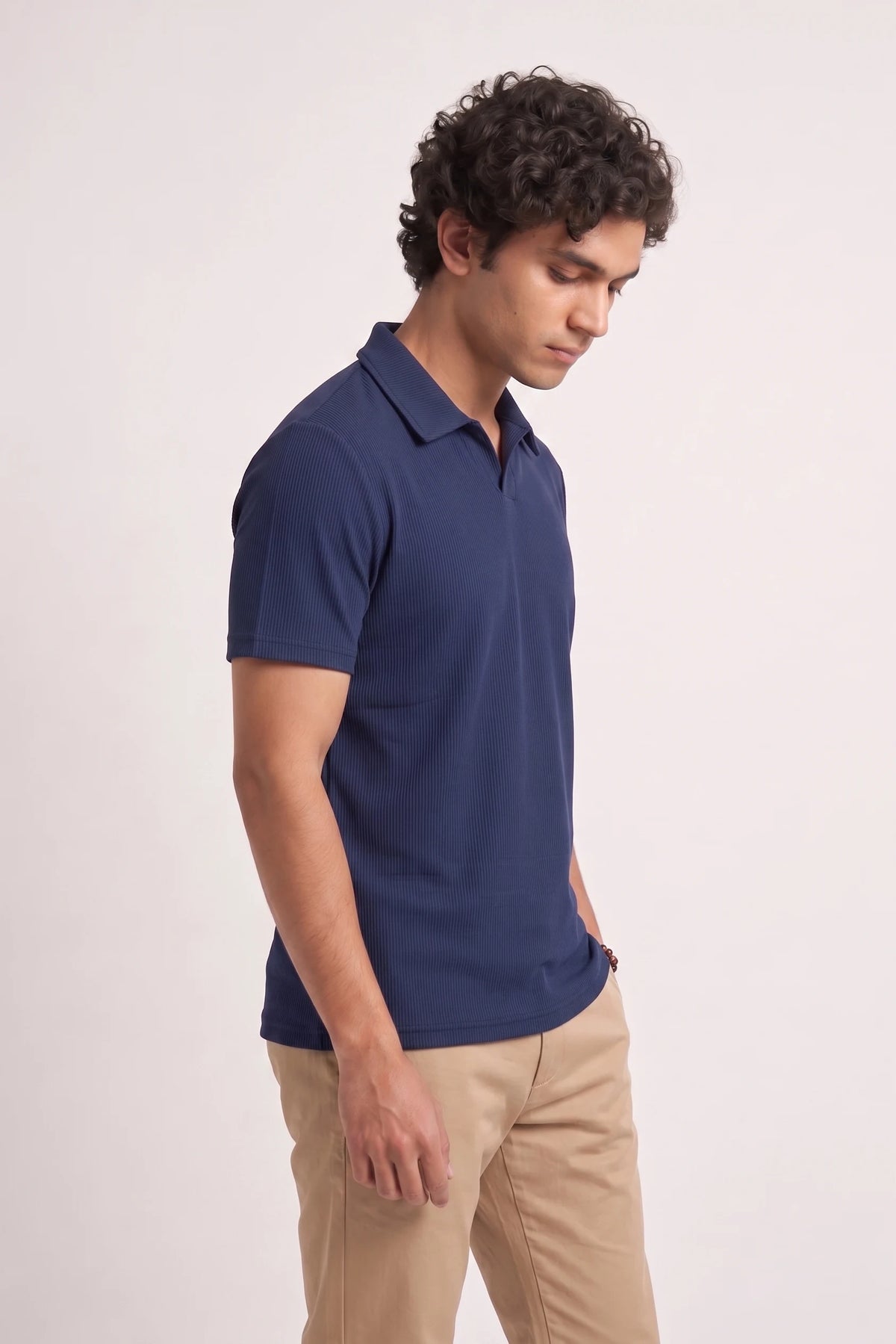 Men’s Navy Blue Rib-Knit Polo Shirt