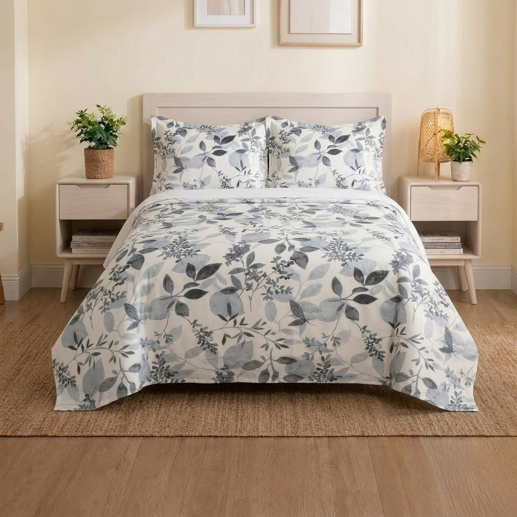 Grey Botanical Leaf Bedsheet Set – Floral Foliage Print for Single & Double Beds with 2 Pillowcases