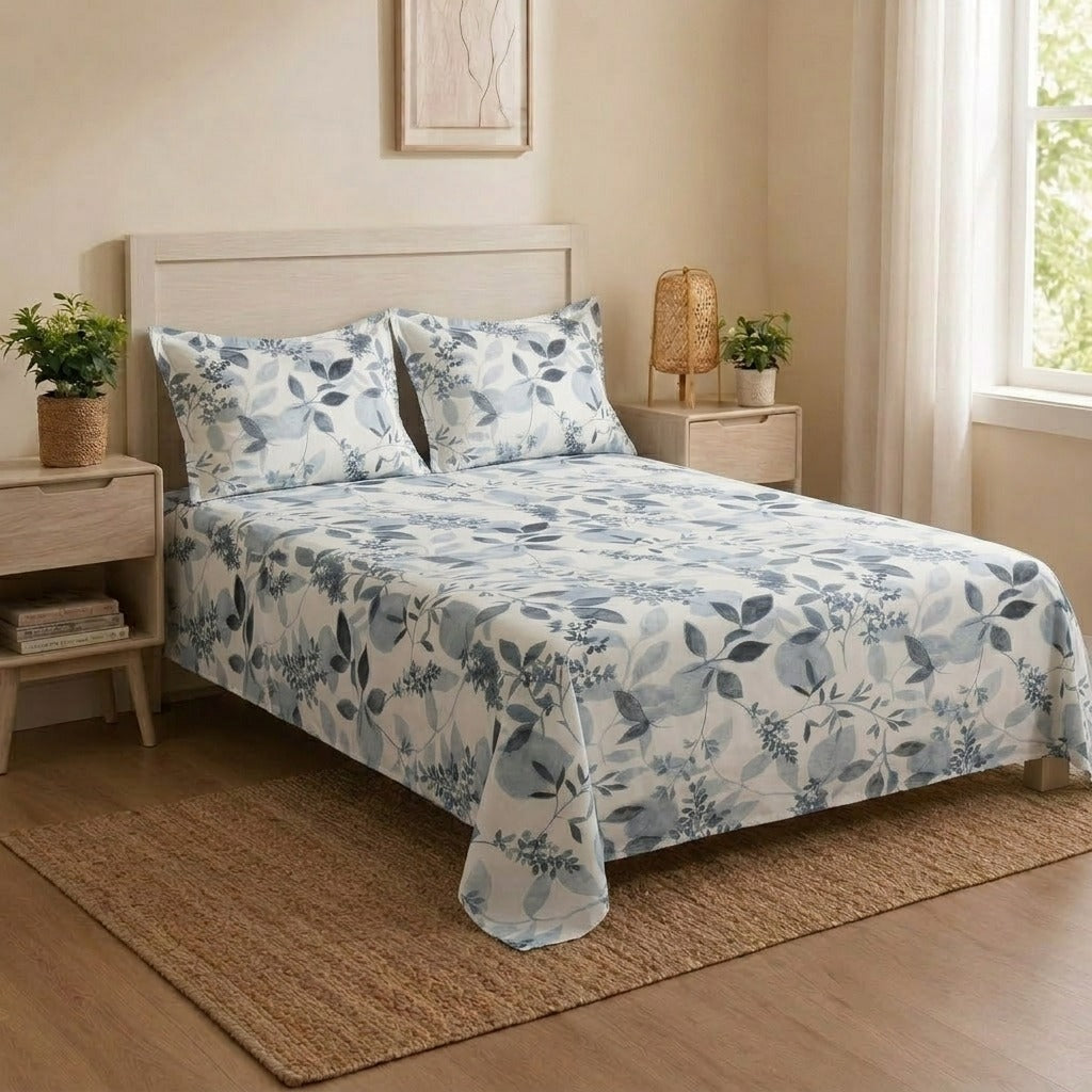 Grey Botanical Leaf Bedsheet Set – Floral Foliage Print for Single & Double Beds with 2 Pillowcases