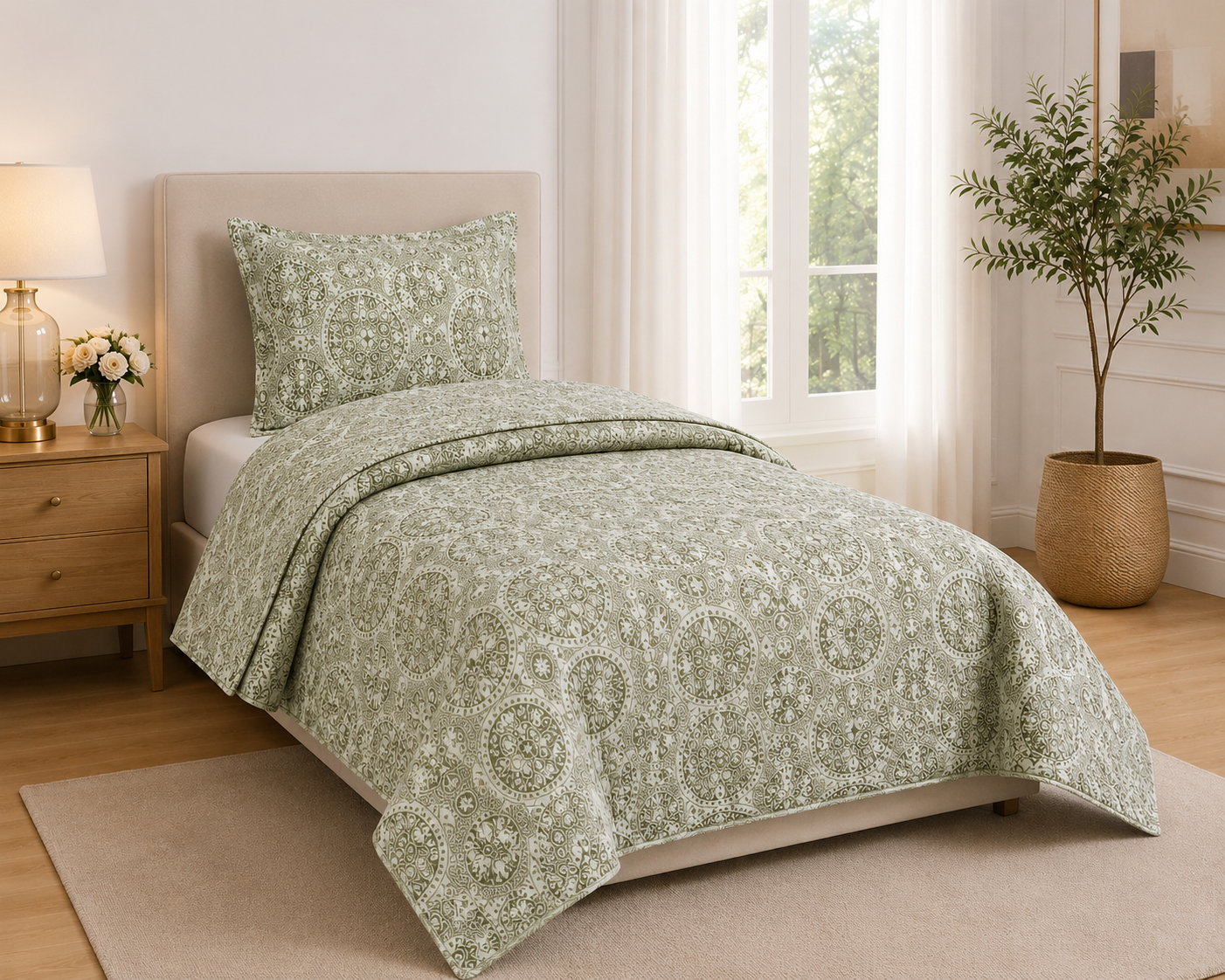 Sage Green Printed Quilted Bedspread Set with 2 Pillow Covers