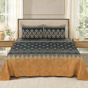 Mustered-Green Elegant Print | Pure Cotton Double Bedsheet with 2 Pillowcases