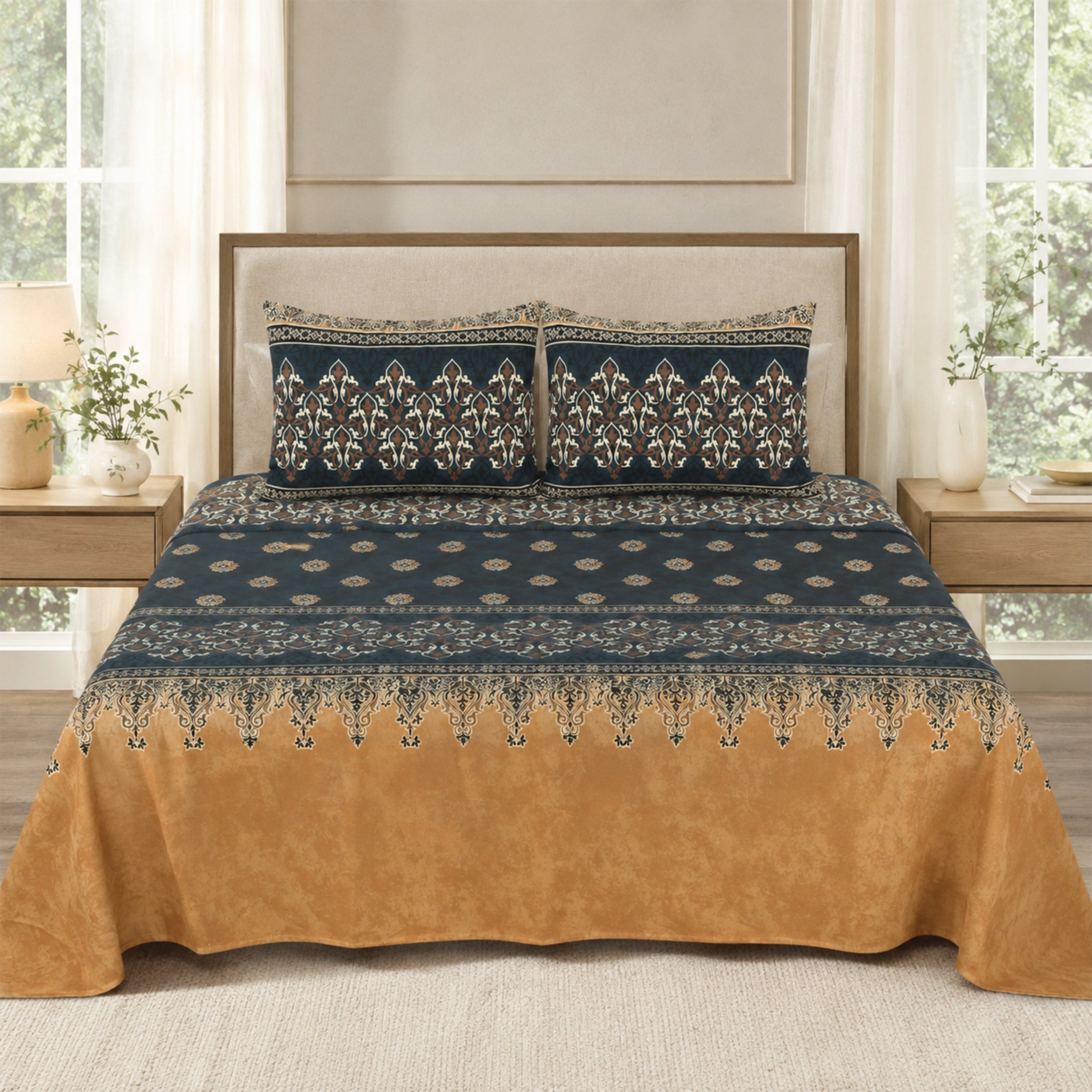 Mustered-Green Elegant Print | Pure Cotton Double Bedsheet with 2 Pillowcases