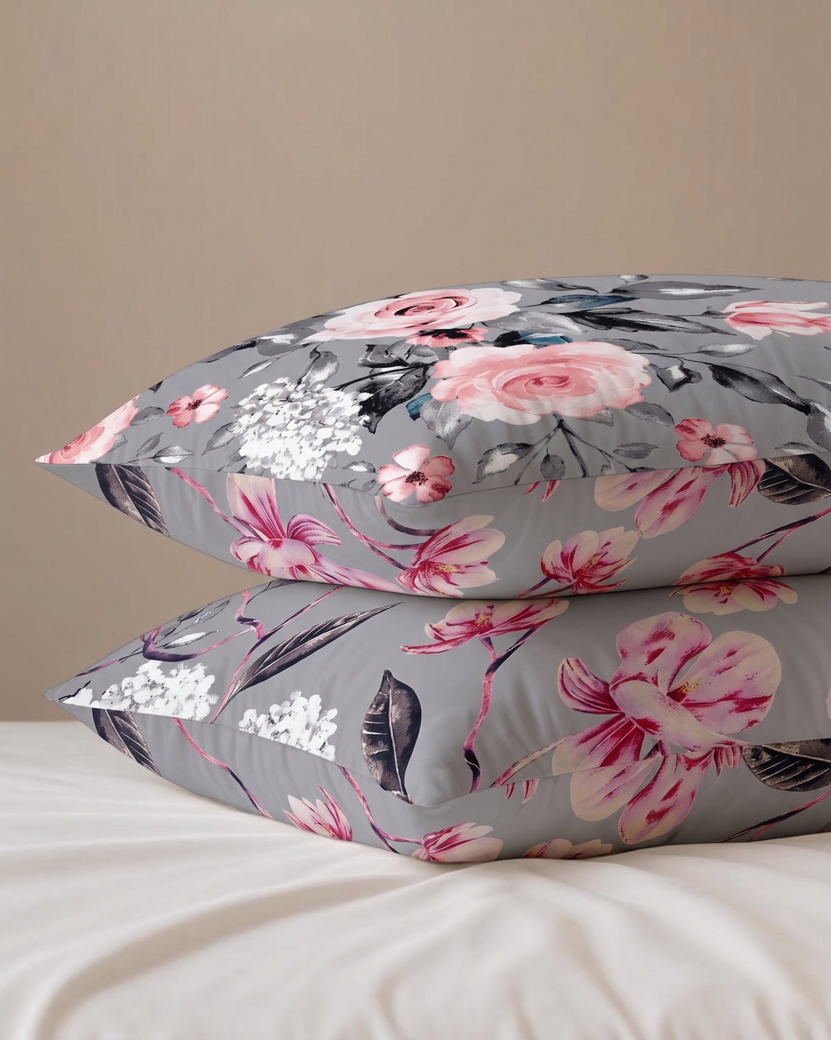 Grey Rose Garden Floral Pillow Cover Set 2-Piece