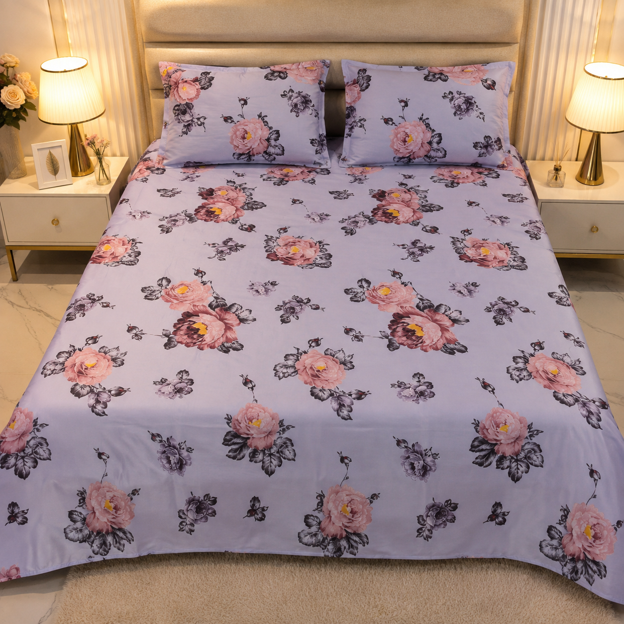 King Size Satin Bed Sheet | 3 Pcs Set | Floral Print