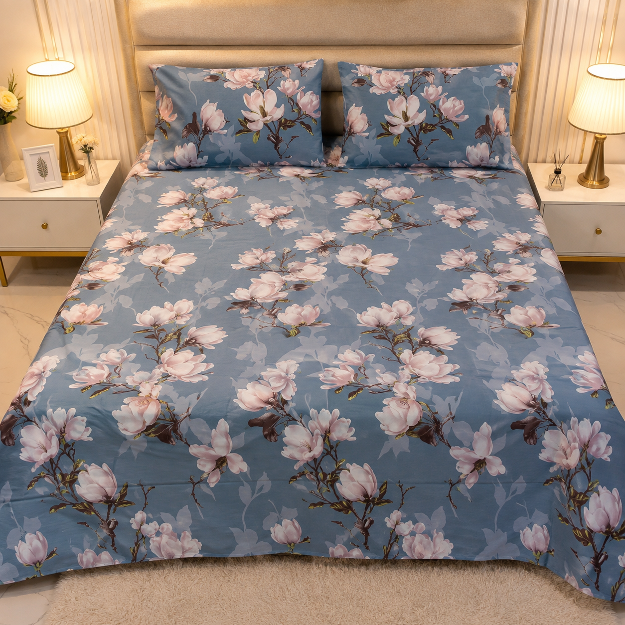 King Size Satin Bed Sheet | 3 Pcs Set | Floral Print